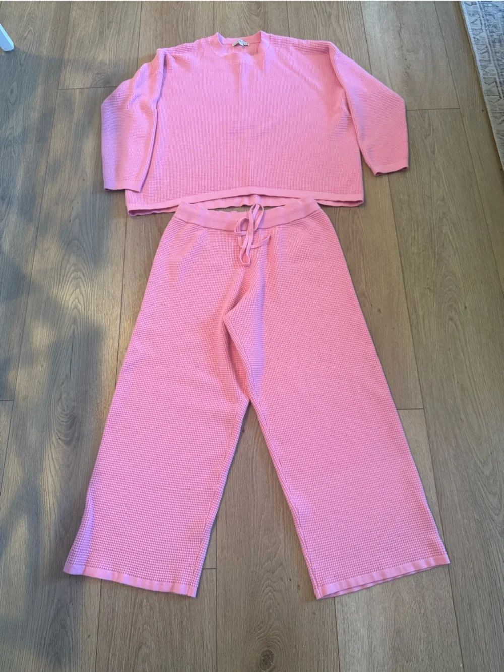 Boutique Waffle Knit Lounge Set Pink XL Top 1X Wide Leg Pants Cozy Matching